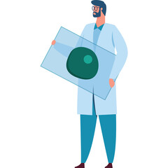 Scientist in Lab Coat Holds Transparent Display Showing Green Cell Structure Examining Biological Research Data