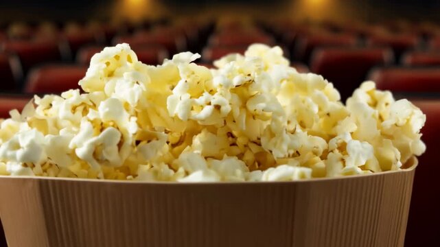 Freshly popped popcorn fills a large container. Enjoy a classic snack at the movie theater.
