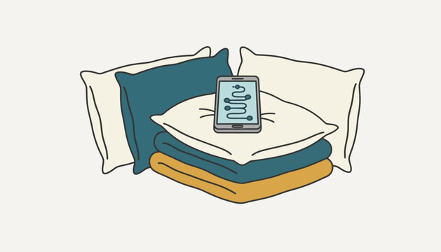 A cozy nook with cushions and blankets featuring a smartphone displaying a guided visualization track.