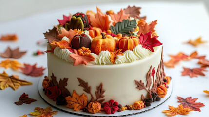 Delight in this autumn themed cake adorned with vibrant leaves, pumpkins, and decorative elements, perfect for seasonal celebrations and gatherings