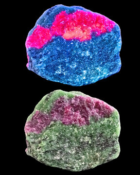 Specimen of ruby in green zoisite in both natural (visible) light, and under ultraviolet light showing the florescence.