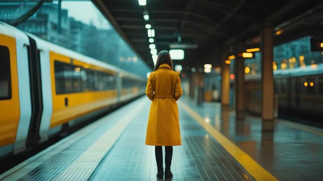 Woman waiting for train in the rain