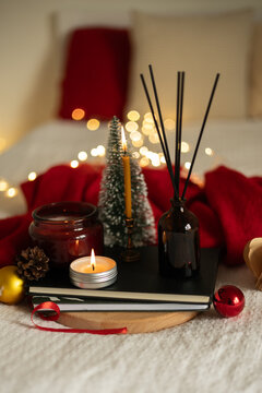 Cozy new year's scene with candles and decor