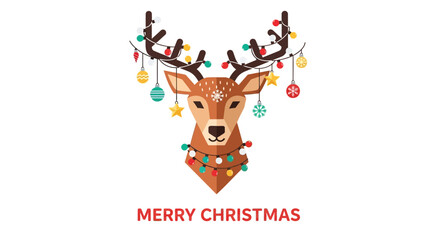 Fototapeta premium Cute cartoon reindeer with festive christmas lights and ornaments on antlers and neck