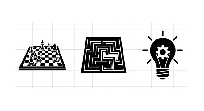 Creative problem solving icons: chessboard, maze, lightbulb with gear in modern silhouette