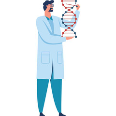Scientist Holding DNA Double Helix Model In A Light Blue Lab Coat And Teal Pants With A Transparent Background Analyzing Genetic Structure