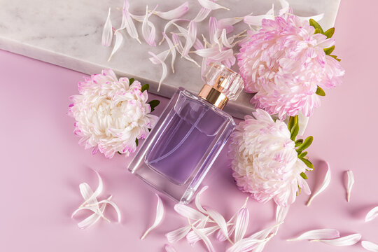 Perfume surrounded by delicate aster flowers