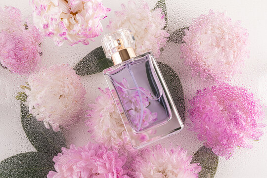 Perfume bottle surrounded by delicate aster flowers