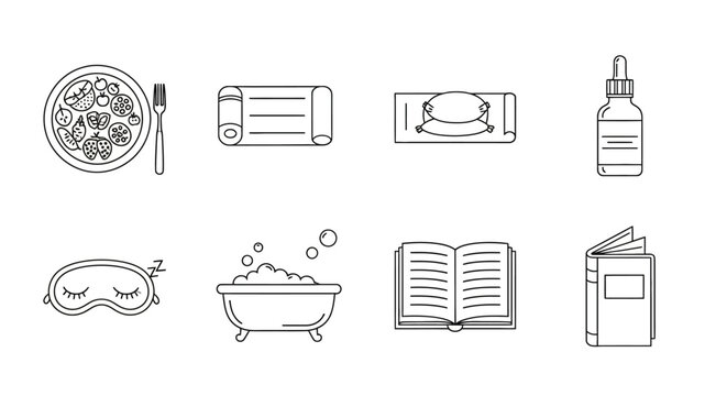 Essential elements for relaxation and wellness: minimalist outline icons of self-care practices