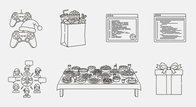 Line art christmas celebration with food, gifts, and gaming joy icons - Powered by Adobe