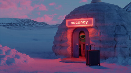 Alien checking into neon igloo with glowing “vacancy” sign at sunset. Perfect for winter ads, travel campaigns and digital storytelling.