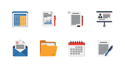 Colorful office icons set for business and organization needs