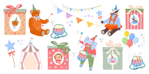 Gifts for children's birthday. Packaging boxes with bows, plush toys animals: elephant, badger, bear in festive caps. Vector cute illustration for decorating children's albums, holidays, stickers.