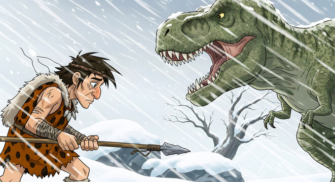 A courageous prehistoric hunter faces a formidable, roaring giant predator in a harsh, snow-covered ancient world, illustrating a primal struggle for survival