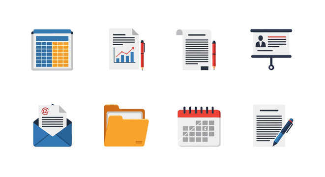 Colorful office icons set for business and organization needs