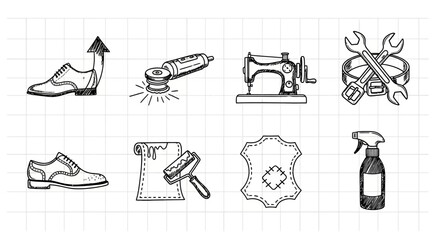 Hand drawn sketch of shoe repair tools and equipment icons