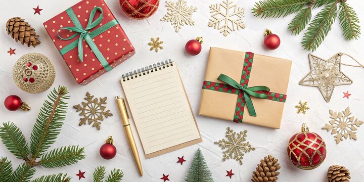 Christmas gift wrapping with notebook candles and fir branches on wooden table top view . - Powered by Adobe