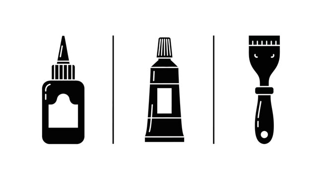 Silhouette art supplies: glue bottle, paint tube, and spatula icons on white