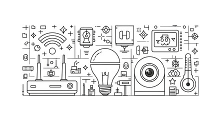 Obraz premium Smart home technology IoT devices vector illustration collage wireless router security camera lightbulb thermometer connected home automation line art
