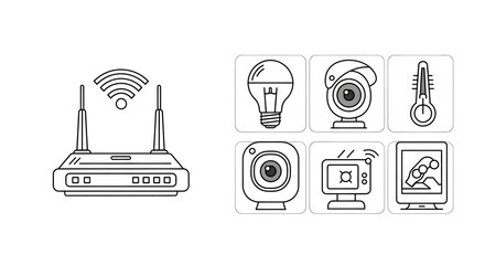 Smart home internet of things IoT technology vector icons set wireless router security camera lightbulb thermometer connected devices automation line art illustration