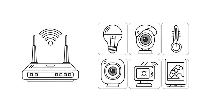 Smart home internet of things IoT technology vector icons set wireless router security camera lightbulb thermometer connected devices automation line art illustration