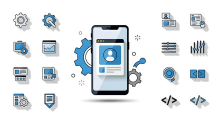 Web development mobile app design vector icons set smartphone UI UX coding programming technology settings configuration line art illustration