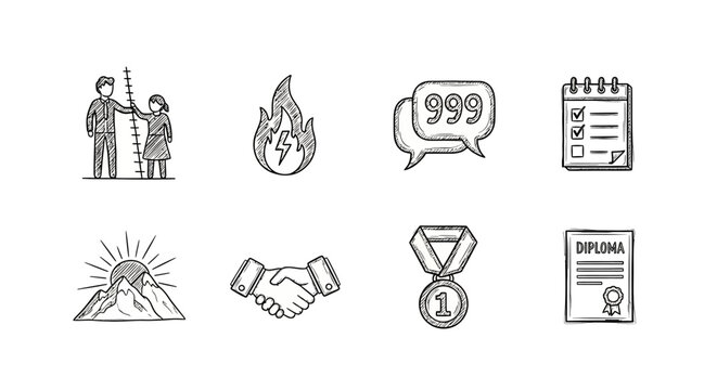 Hand drawn icon set featuring education, cooperation, and achievement symbols