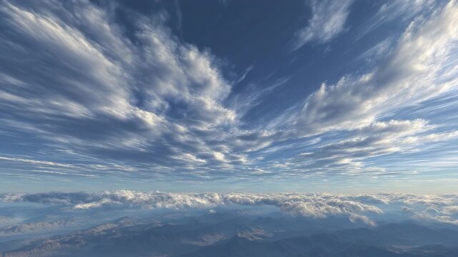 人物なしの正午前、層積雲の棚を強い日差しが裂き短い鋭い光芒が走る