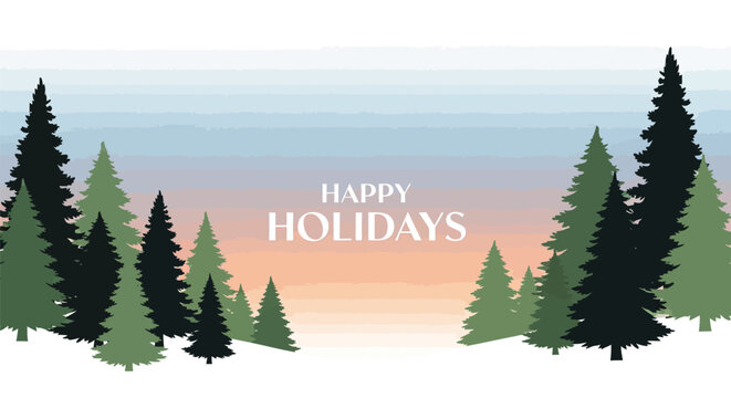 Happy holidays text overlaid on a serene winter forest landscape with snow and colorful sky