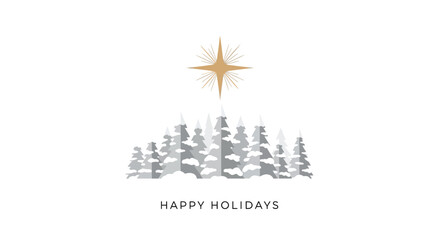 Stylized winter forest scene with a golden star above and happy holidays text below