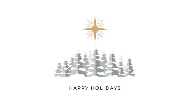 Stylized winter forest scene with a golden star above and happy holidays text below - Powered by Adobe