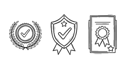 Hand-drawn quality assurance icons featuring shield, badge, and certificate