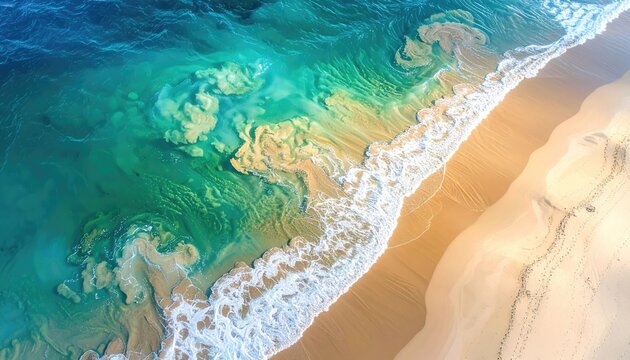 Aerial View Of A Sandy Beach With Turquoise Blue Ocean Waves Crashing Onto The Shoreline With White Foam During Daylight