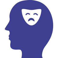 Silhouette of a human head in deep blue displaying a sad theatrical mask inside representing emotional distress and mental health struggles with a clean white background