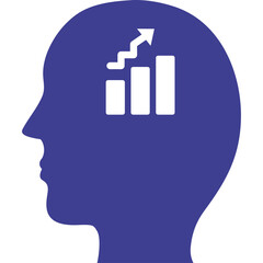 Silhouette of a human head in deep blue color with a white upward trending bar chart and arrow symbolizing growth and development inside 
