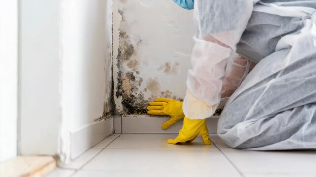 Mold removal on interior wall, protective suit, yellow gloves, moisture damage, home cleaning, black mold inspection, fungus infestation, hygiene maintenance, health hazard