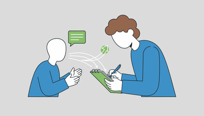 A the taking notes while a client speaks highlighting the active listening and documentation essential for growth.