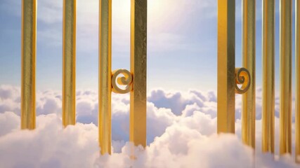 Golden celestial gates open to bright sky and fluffy clouds, ethereal dreamscape with divine light, heavenly spiritual entrance concept, surreal realm above, peaceful tranquility atmosphere - Powered by Adobe