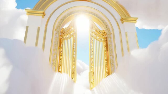 Golden gates of heaven, ornate archway, fluffy clouds, celestial entrance, divine passage, sacred sky, spiritual realm, Christian symbolism, eternal light, paradise gateway