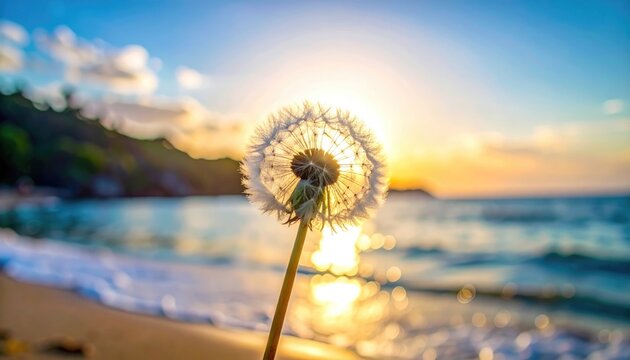 Close up of a dandelion seed head with dew drops glistening in the bright golden sunset over a sandy beach with gentle waves and distant hills. - Powered by Adobe