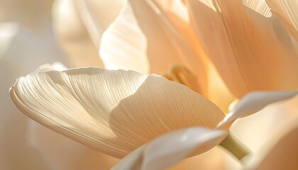 Close up of a pale peach and cream tulip petal backlit by soft morning sunlight highlighting delicate textures and soft focus background
