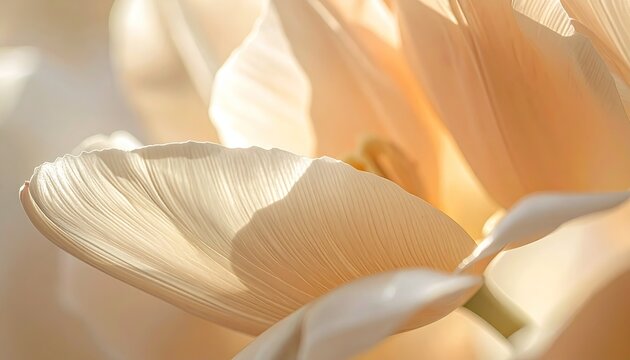 Close up of a pale peach and cream tulip petal backlit by soft morning sunlight highlighting delicate textures and soft focus background