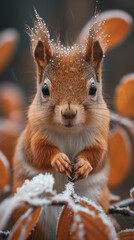 squirrel in the park on a frost-covered branch