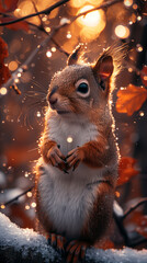 squirrel the size of a chestnut, standing on a frost-covered branch