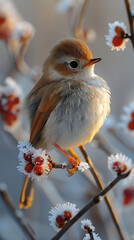 tiny baby bird perched on a frost-covered twig