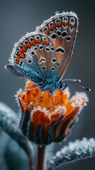 tiny butterfly resting on a frozen flower 