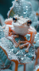 frog sitting on an icy leaf,