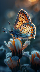 tiny butterfly resting on a frozen flower 