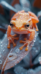 frog sitting on an icy leaf,
