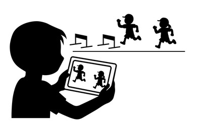 タブレットで体育の授業を撮影する子供のシルエットイラスト